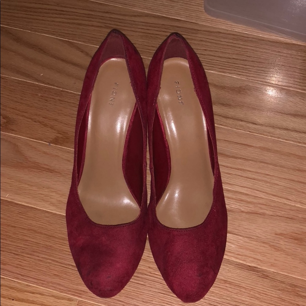 Red round suede heels